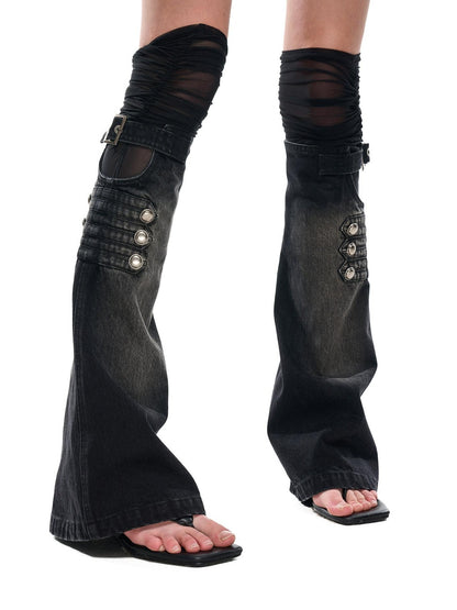 NORTH NODE Mesh Splice Washed Denim Micro Flare Women&