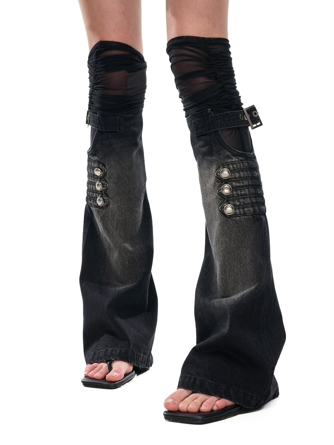 NORTH NODE Mesh Splice Washed Denim Micro Flare Women&