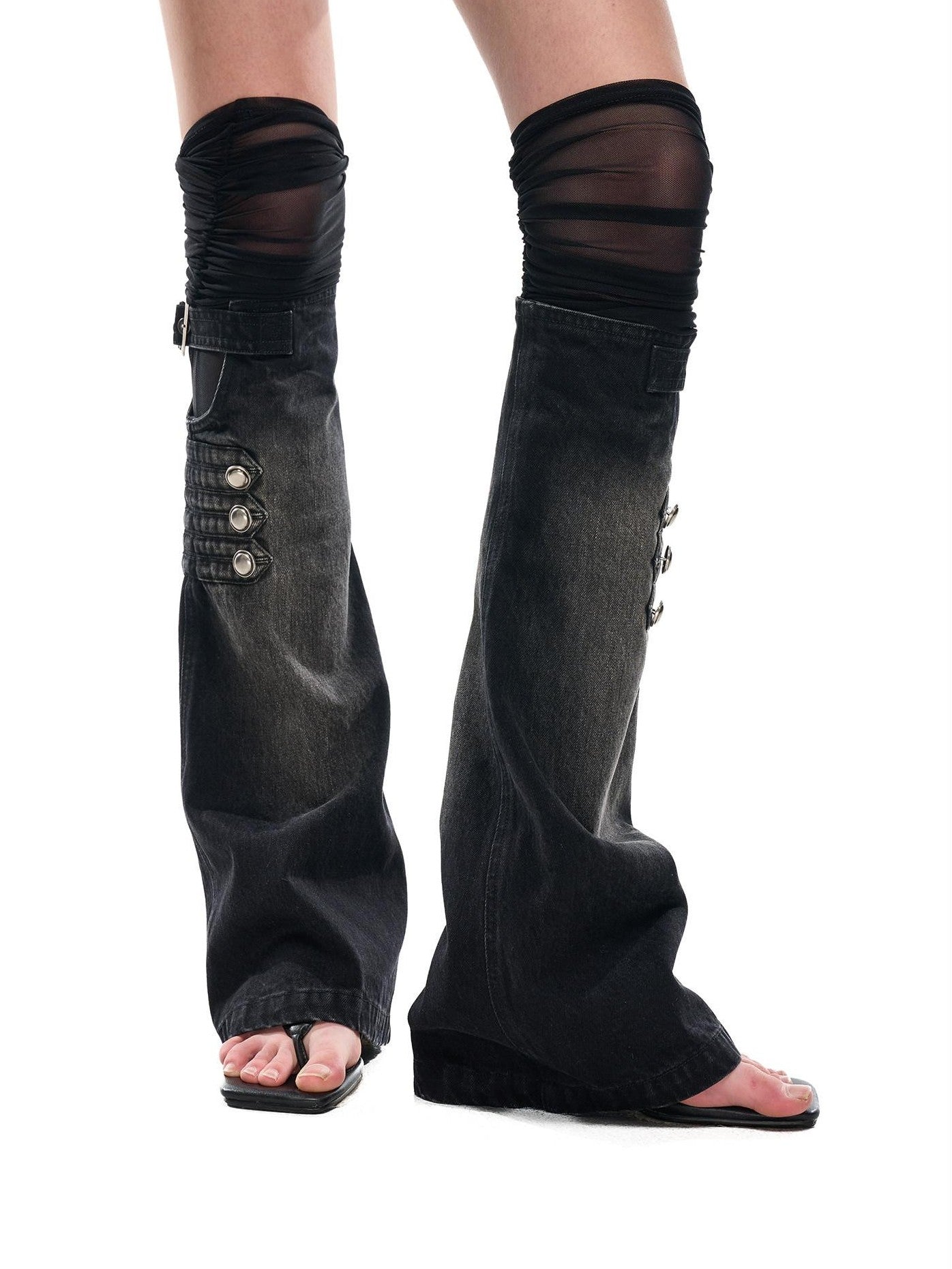 NORTH NODE Mesh Splice Washed Denim Micro Flare Women&
