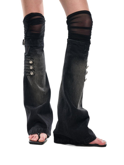 NORTH NODE Mesh Splice Washed Denim Micro Flare Women&