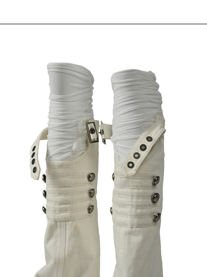 NORTH NODE Mesh Splice Washed Denim Micro Flare Women&