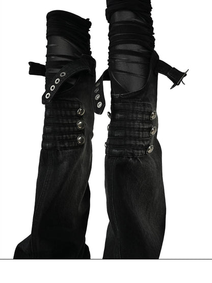 NORTH NODE Mesh Splice Washed Denim Micro Flare Women&