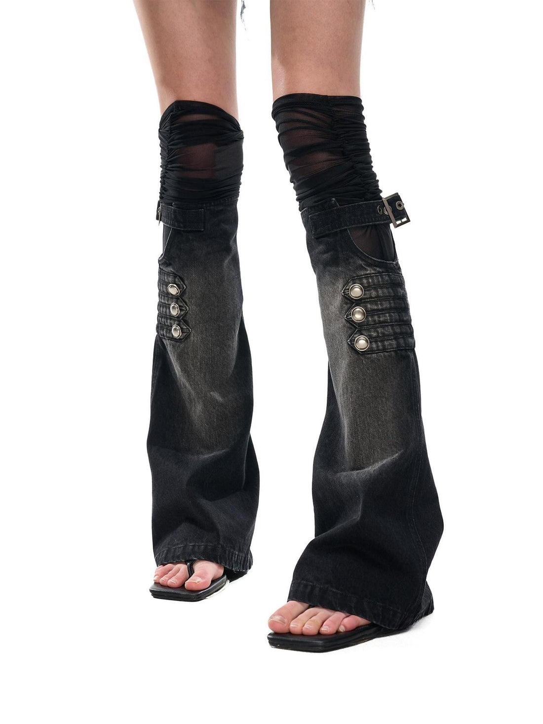NORTH NODE Mesh Splice Washed Denim Micro Flare Women&