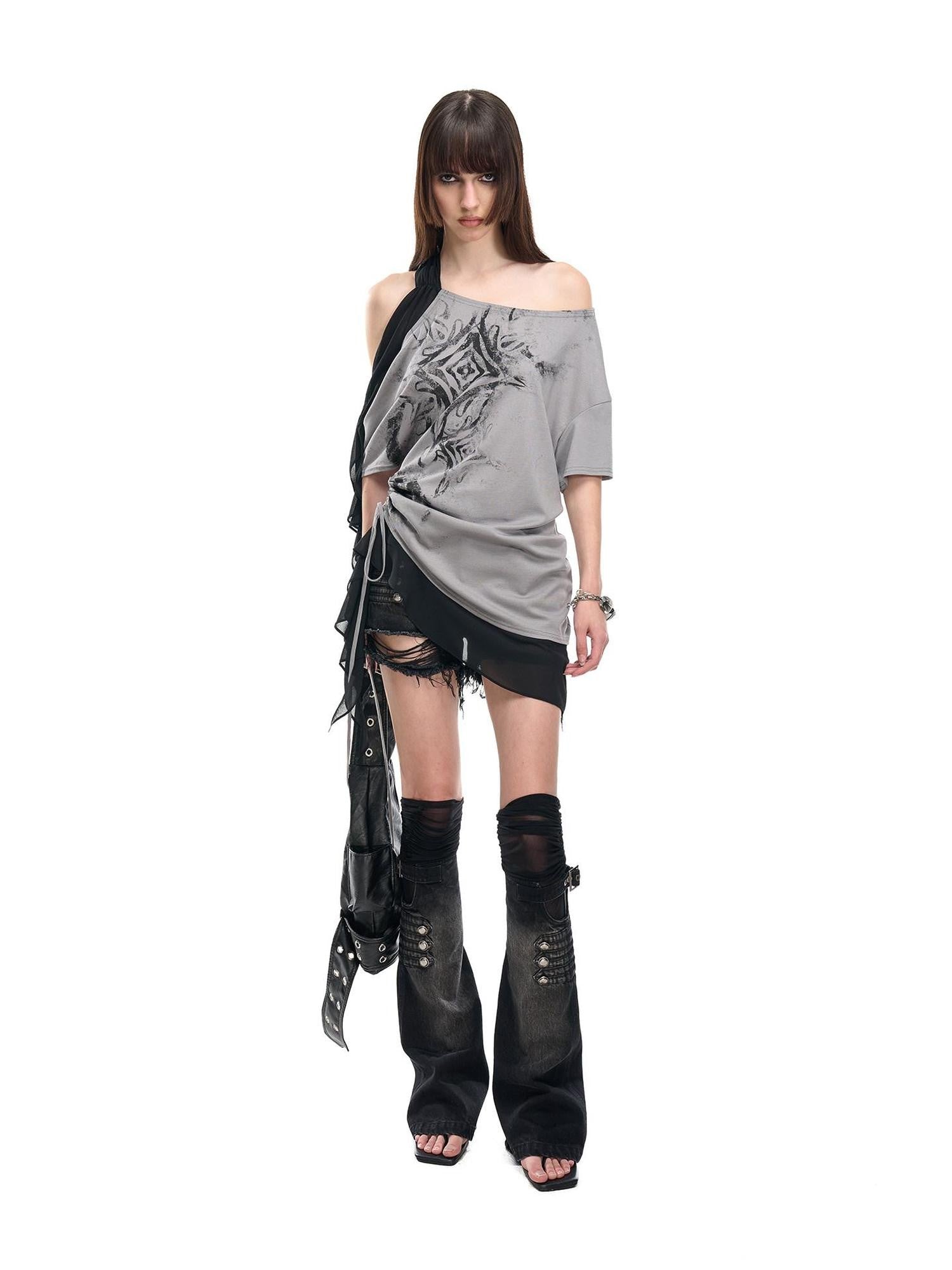 NORTH NODE Mesh Splice Washed Denim Micro Flare Women&