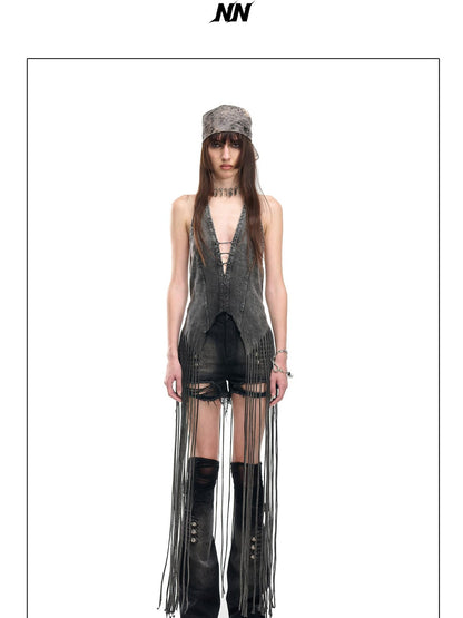 NORTH NODE Mesh Splice Washed Denim Micro Flare Women&