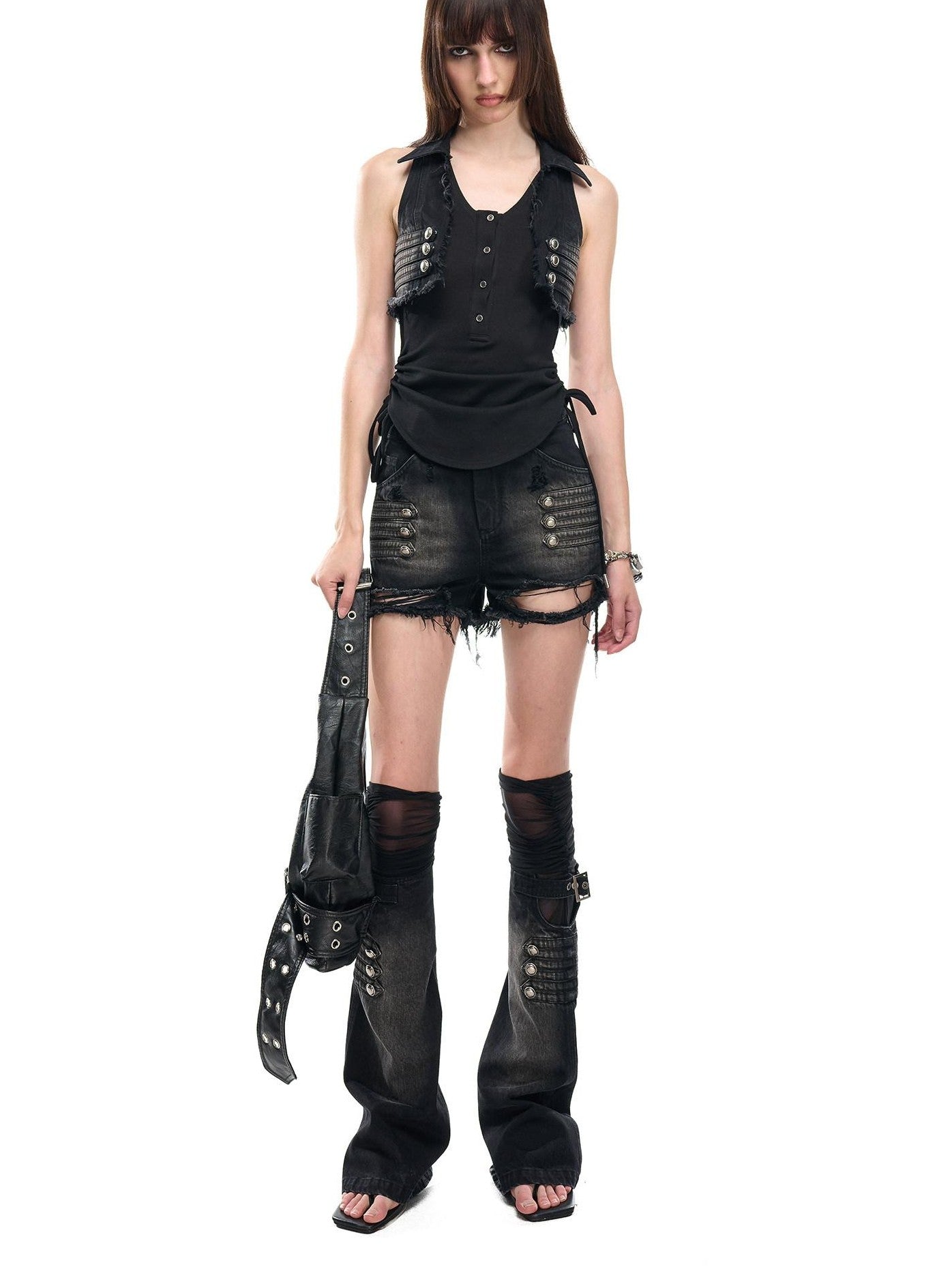 NORTH NODE Mesh Splice Washed Denim Micro Flare Women&