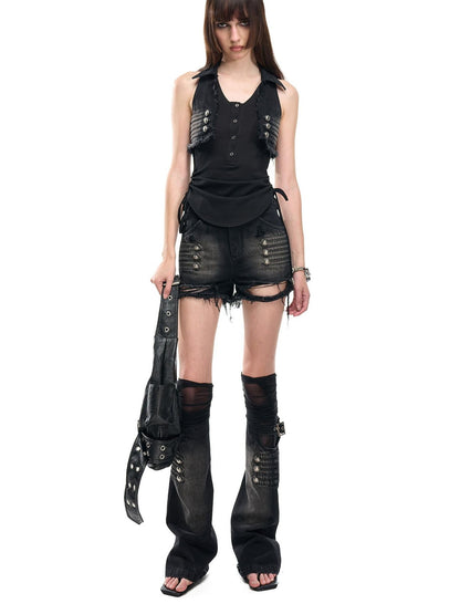 NORTH NODE Mesh Splice Washed Denim Micro Flare Women&