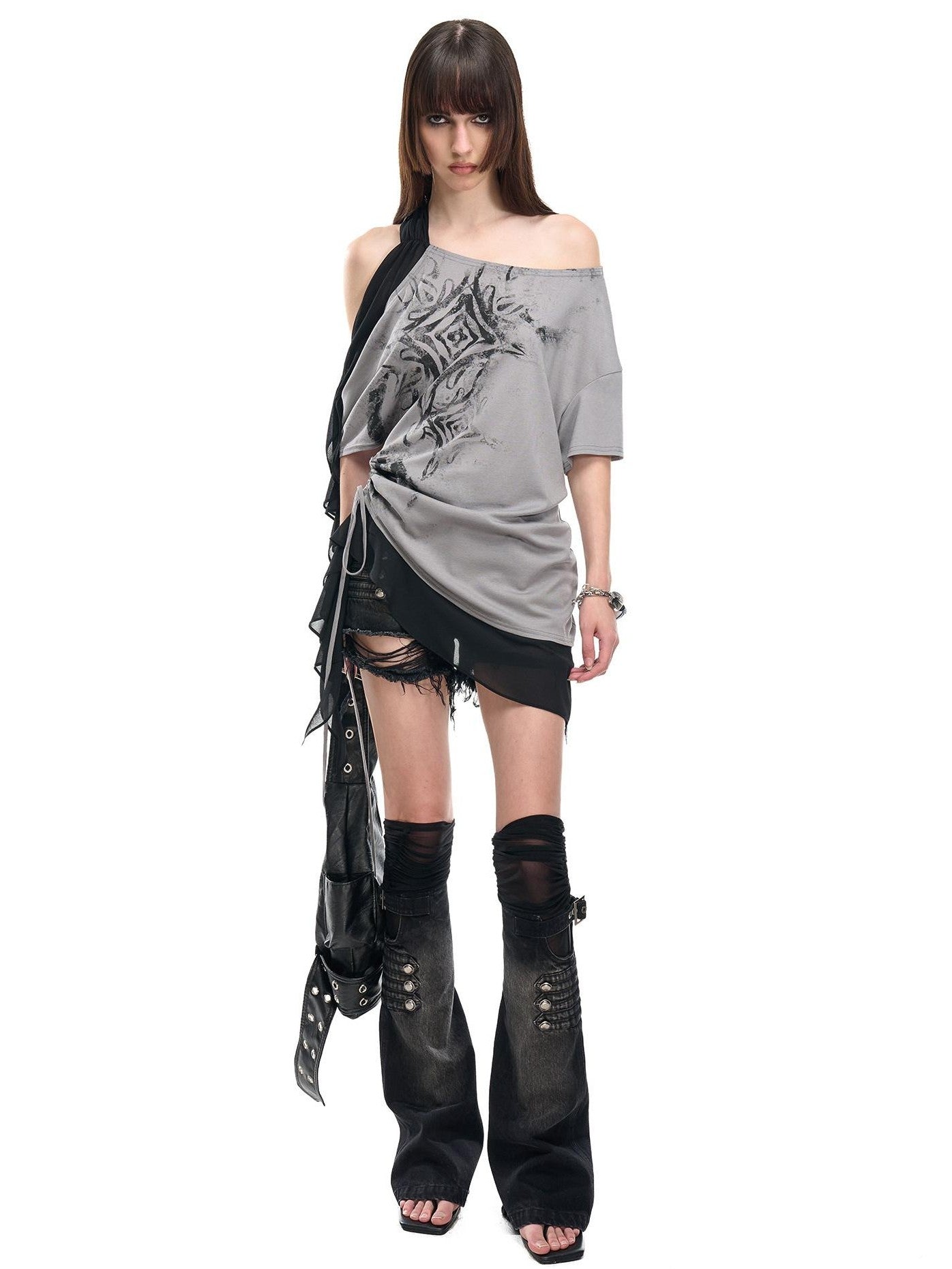 NORTH NODE Mesh Splice Washed Denim Micro Flare Women&