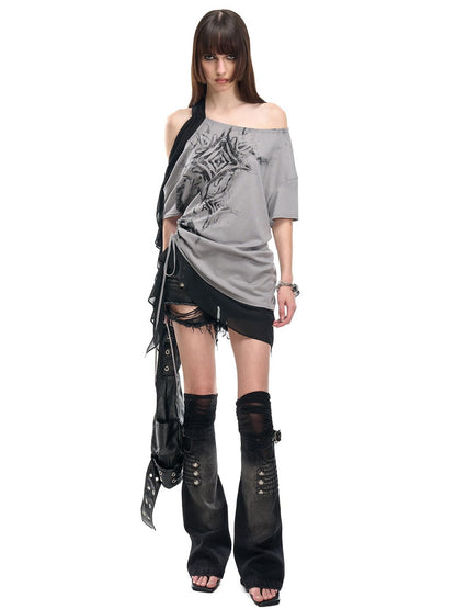 NORTH NODE Mesh Splice Washed Denim Micro Flare Women&