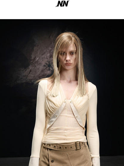 NORTH NODE Mesh Spliced Asymmetric Halter Tie Women&