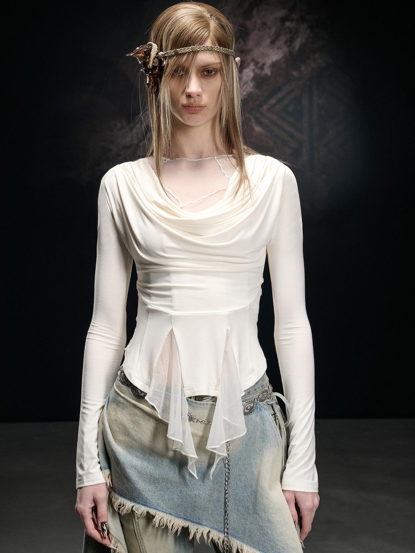 NORTH NODE Mesh Spliced Scoop Neck Slim Fit Women&