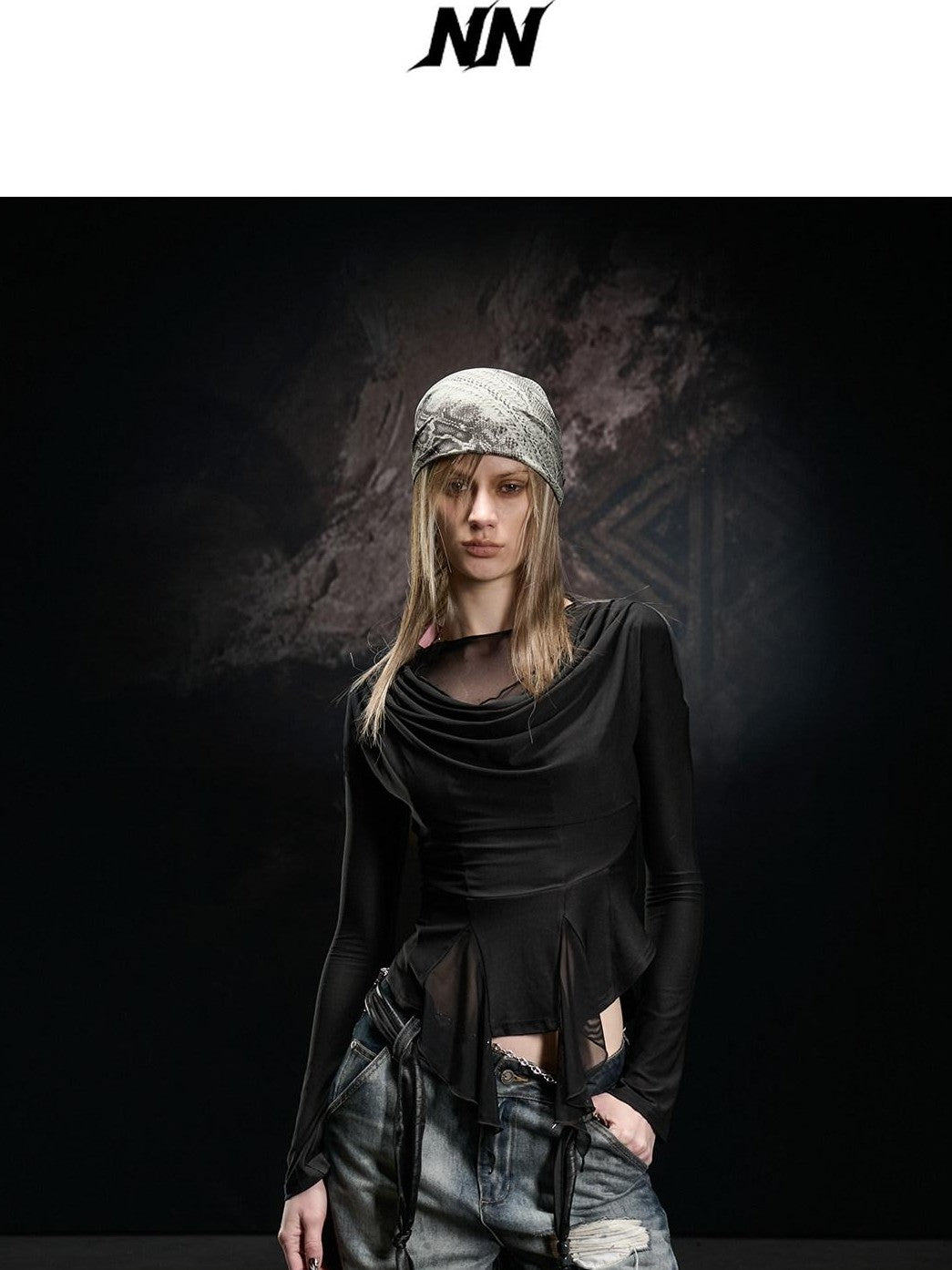 NORTH NODE Mesh Spliced Scoop Neck Slim Fit Women&