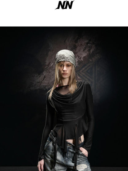 NORTH NODE Mesh Spliced Scoop Neck Slim Fit Women&