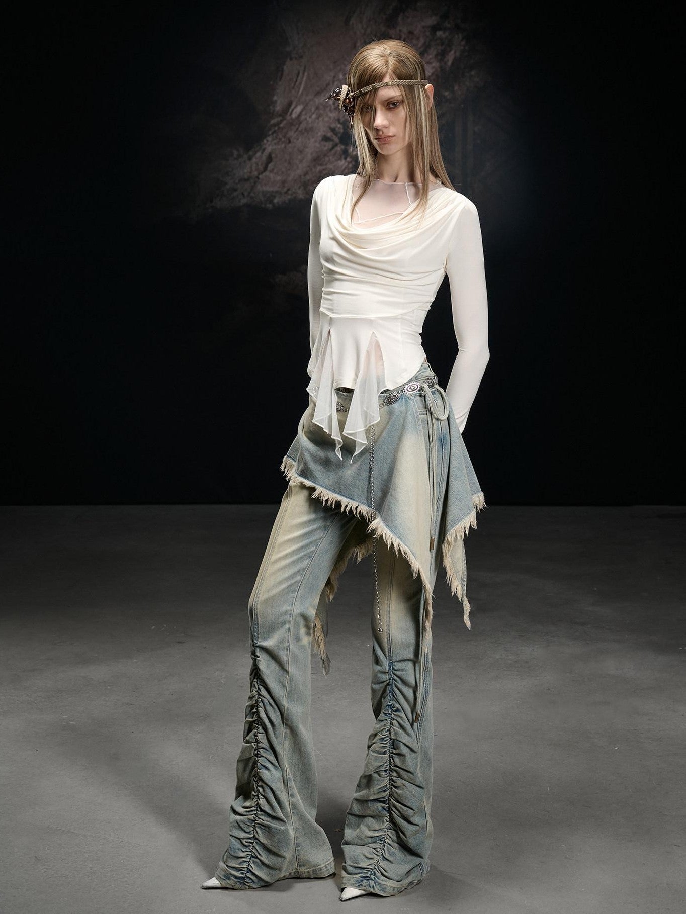 NORTH NODE Mesh Spliced Scoop Neck Slim Fit Women&