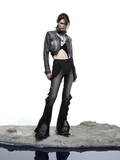 NORTH NODE Mottled Stonewash High Waist Cropped Zipper Biker Women&