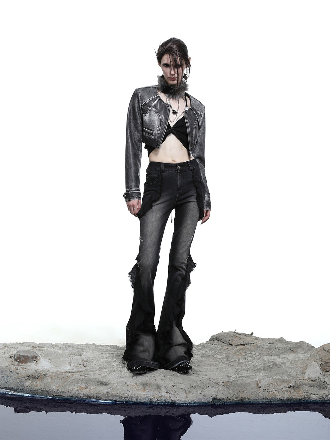 NORTH NODE Mottled Stonewash High Waist Cropped Zipper Biker Women&
