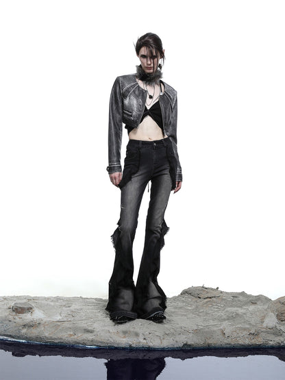 NORTH NODE Mottled Stonewash High Waist Cropped Zipper Biker Women&