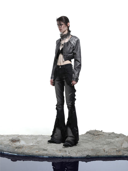 NORTH NODE Mottled Stonewash High Waist Cropped Zipper Biker Women&