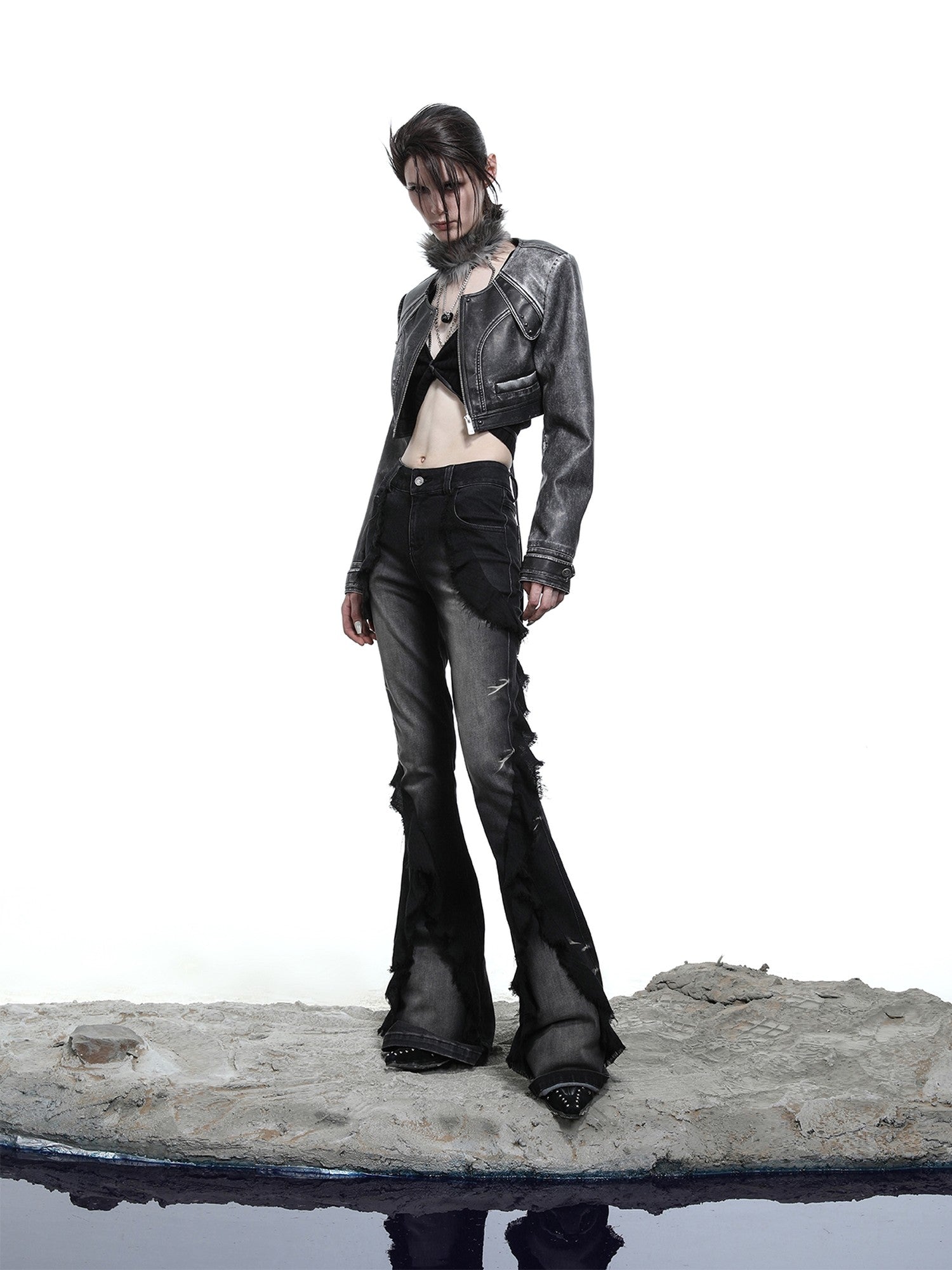 NORTH NODE Mottled Stonewash High Waist Cropped Zipper Biker Women&