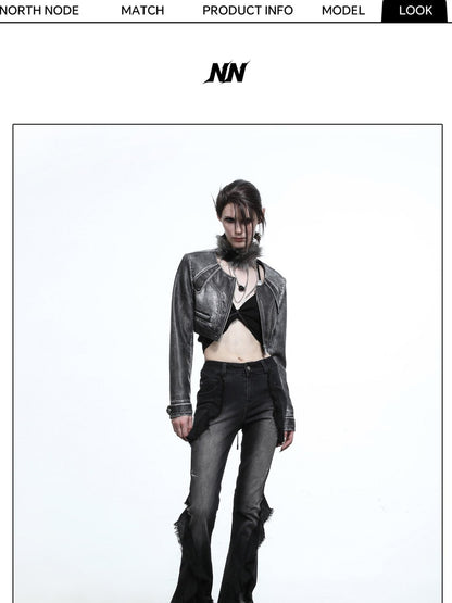 NORTH NODE Mottled Stonewash High Waist Cropped Zipper Biker Women&
