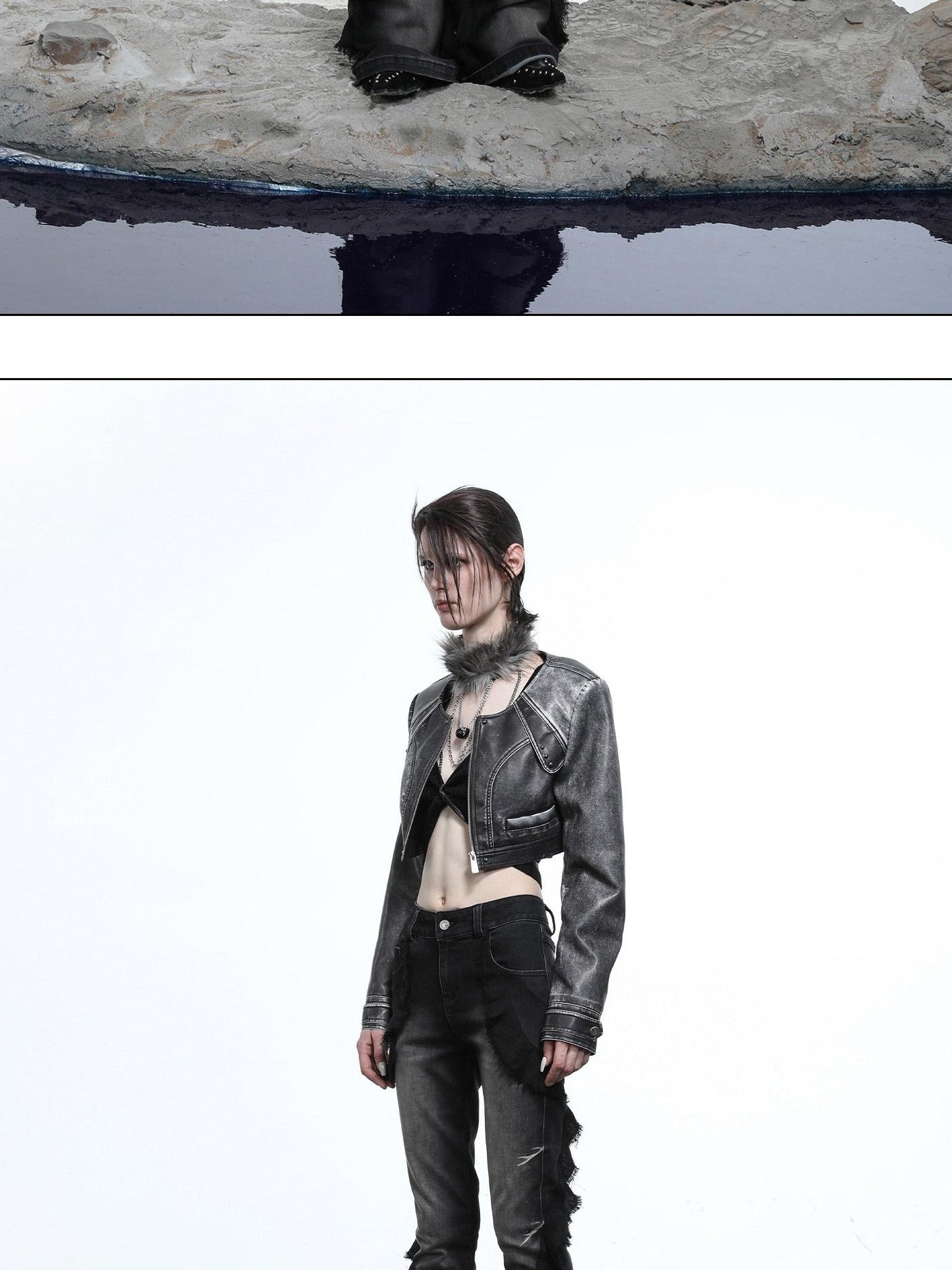 NORTH NODE Mottled Stonewash High Waist Cropped Zipper Biker Women&