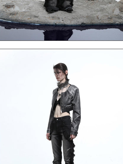 NORTH NODE Mottled Stonewash High Waist Cropped Zipper Biker Women&