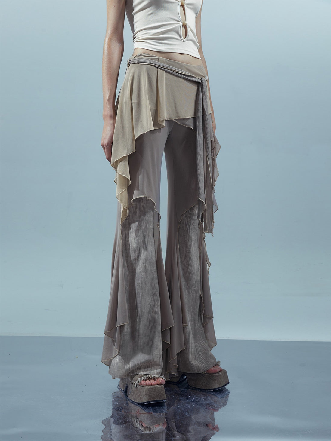 NORTH NODE Multi Fabric Patchwork Asymmetric Ruffle Lace Women&
