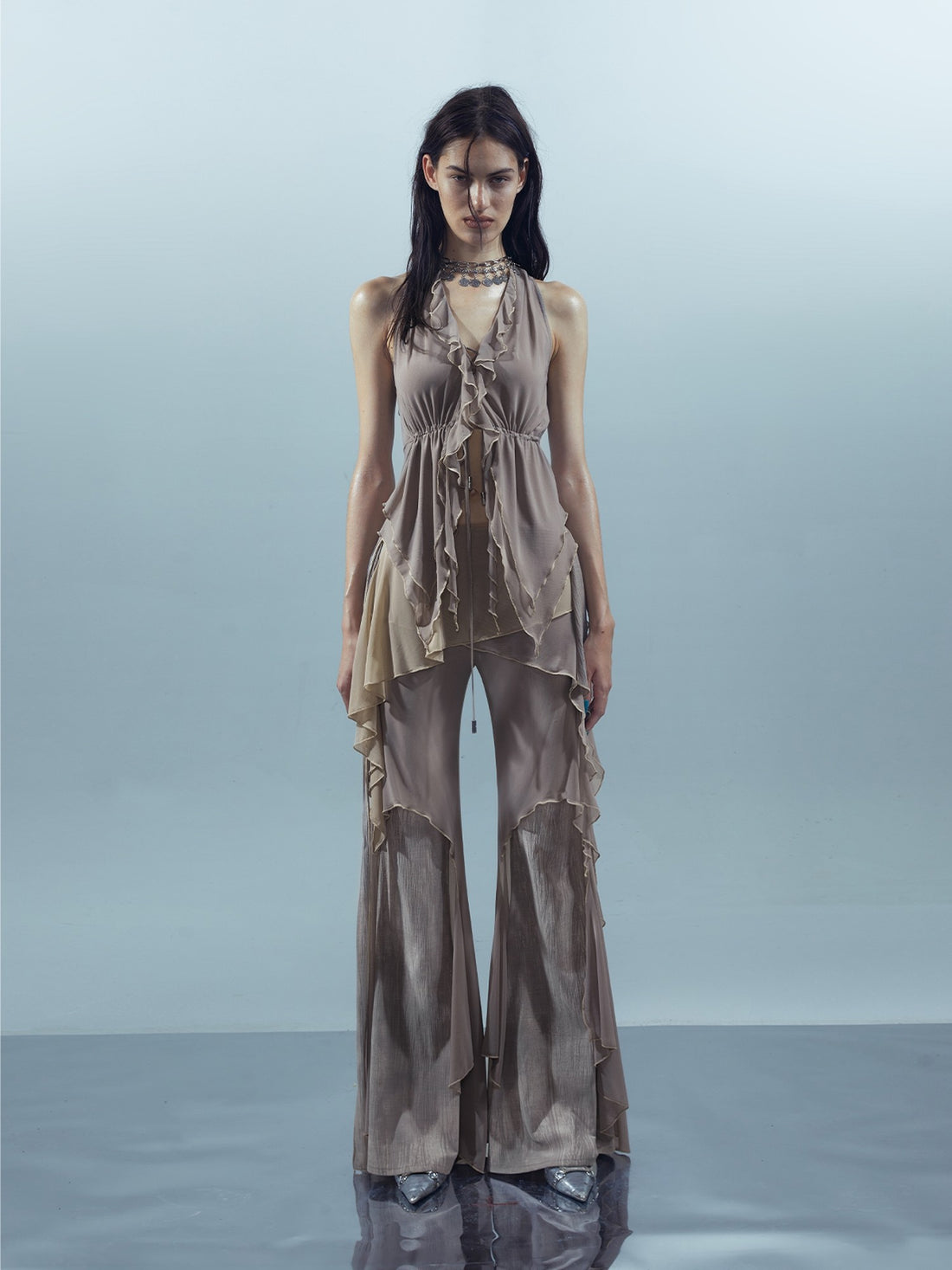 NORTH NODE Multi Fabric Patchwork Asymmetric Ruffle Lace Women&