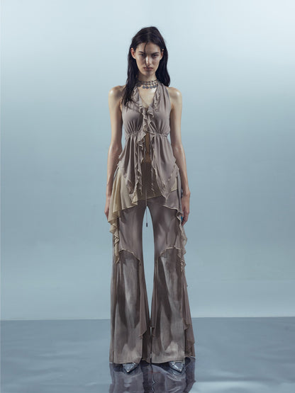 NORTH NODE Multi Fabric Patchwork Asymmetric Ruffle Lace Women&