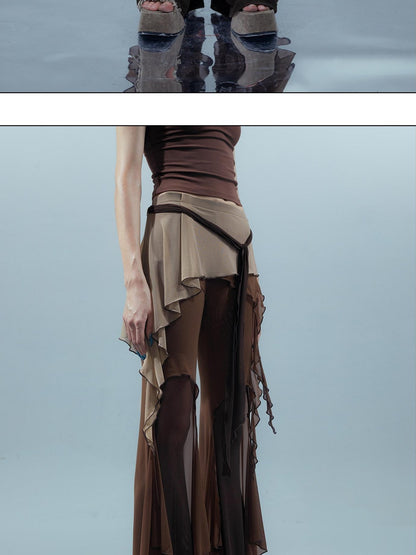 NORTH NODE Multi Fabric Patchwork Asymmetric Ruffle Lace Women&