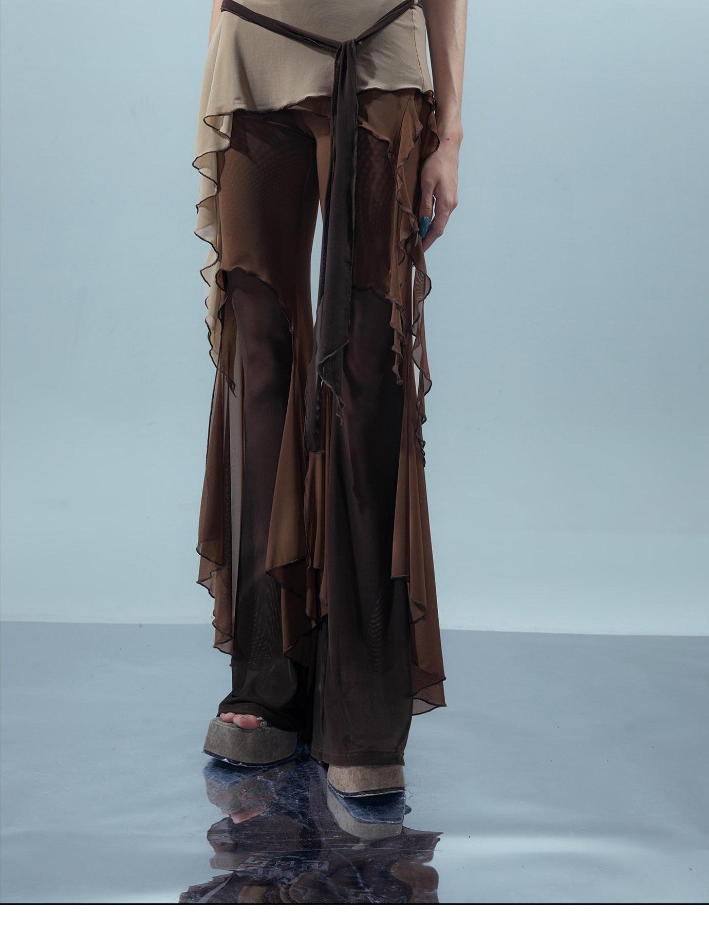 NORTH NODE Multi Fabric Patchwork Asymmetric Ruffle Lace Women&