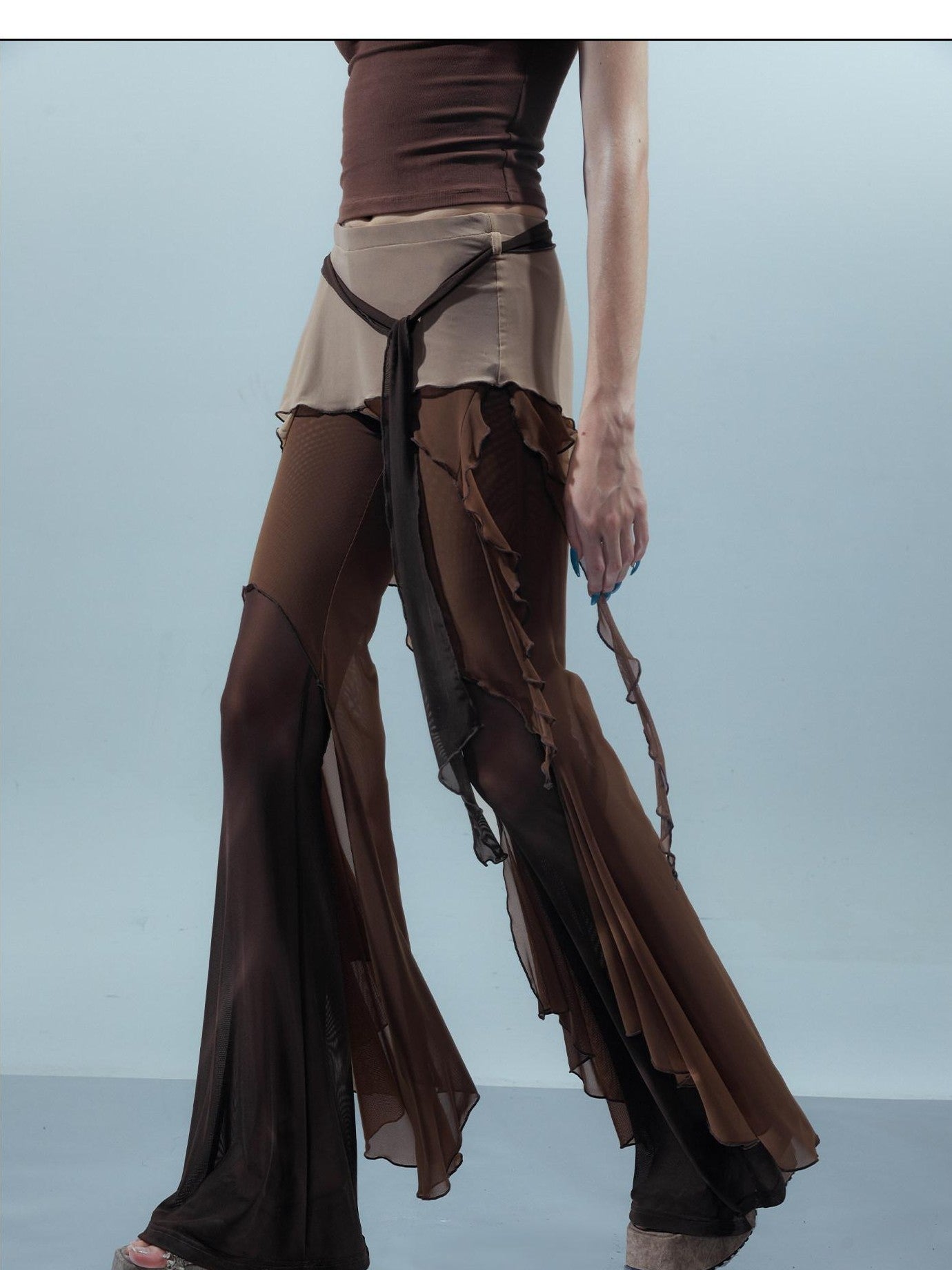 NORTH NODE Multi Fabric Patchwork Asymmetric Ruffle Lace Women&