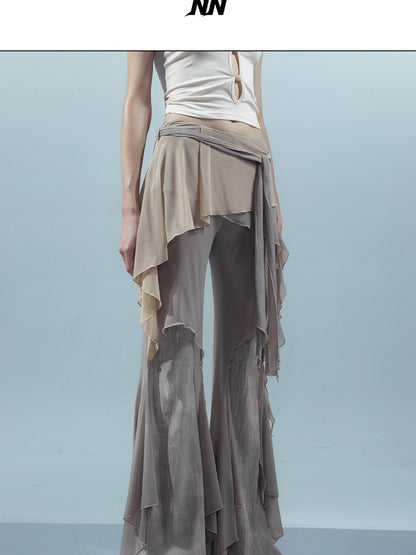 NORTH NODE Multi Fabric Patchwork Asymmetric Ruffle Lace Women&