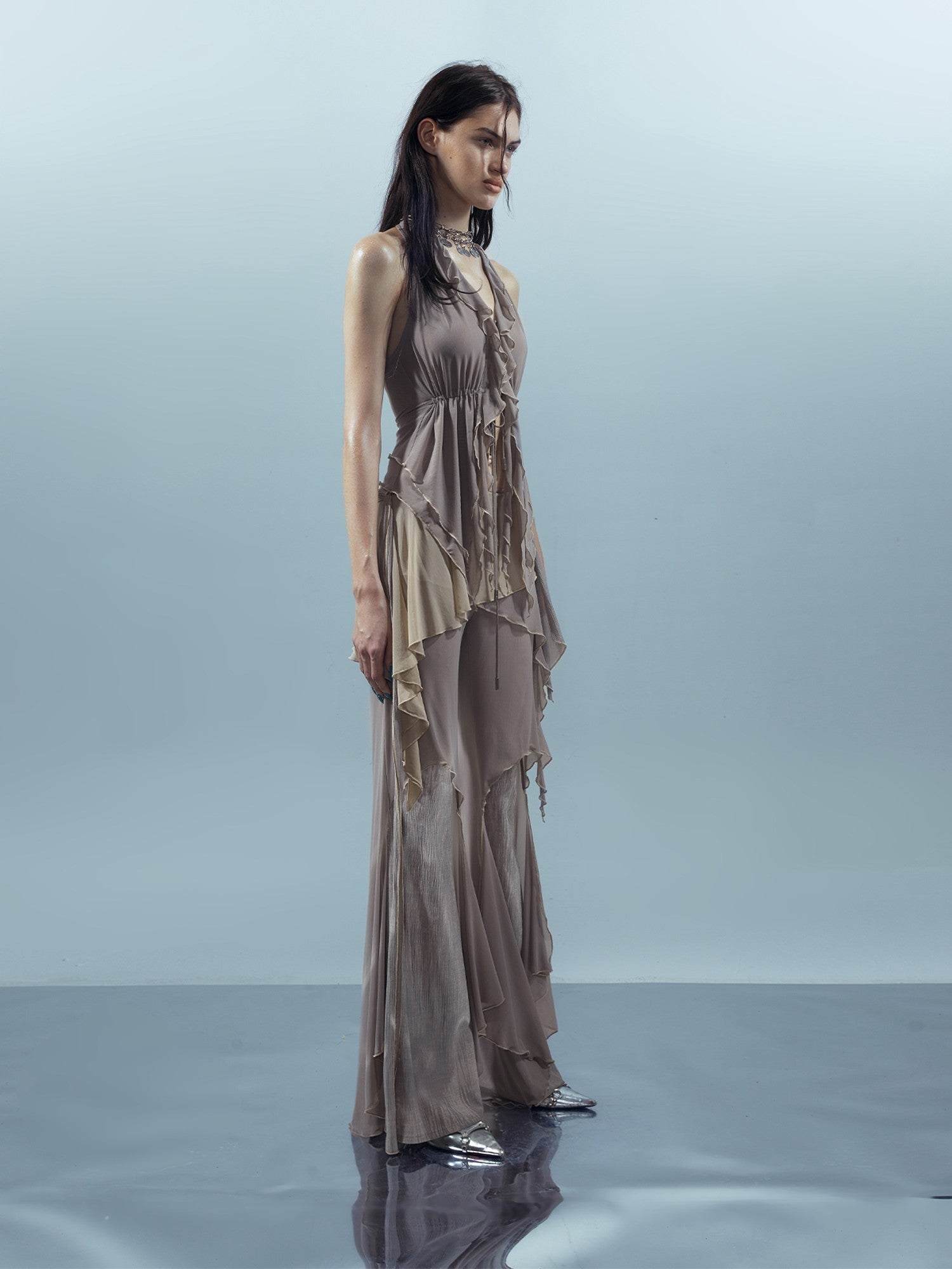 NORTH NODE Multi Fabric Patchwork Asymmetric Ruffle Lace Women&