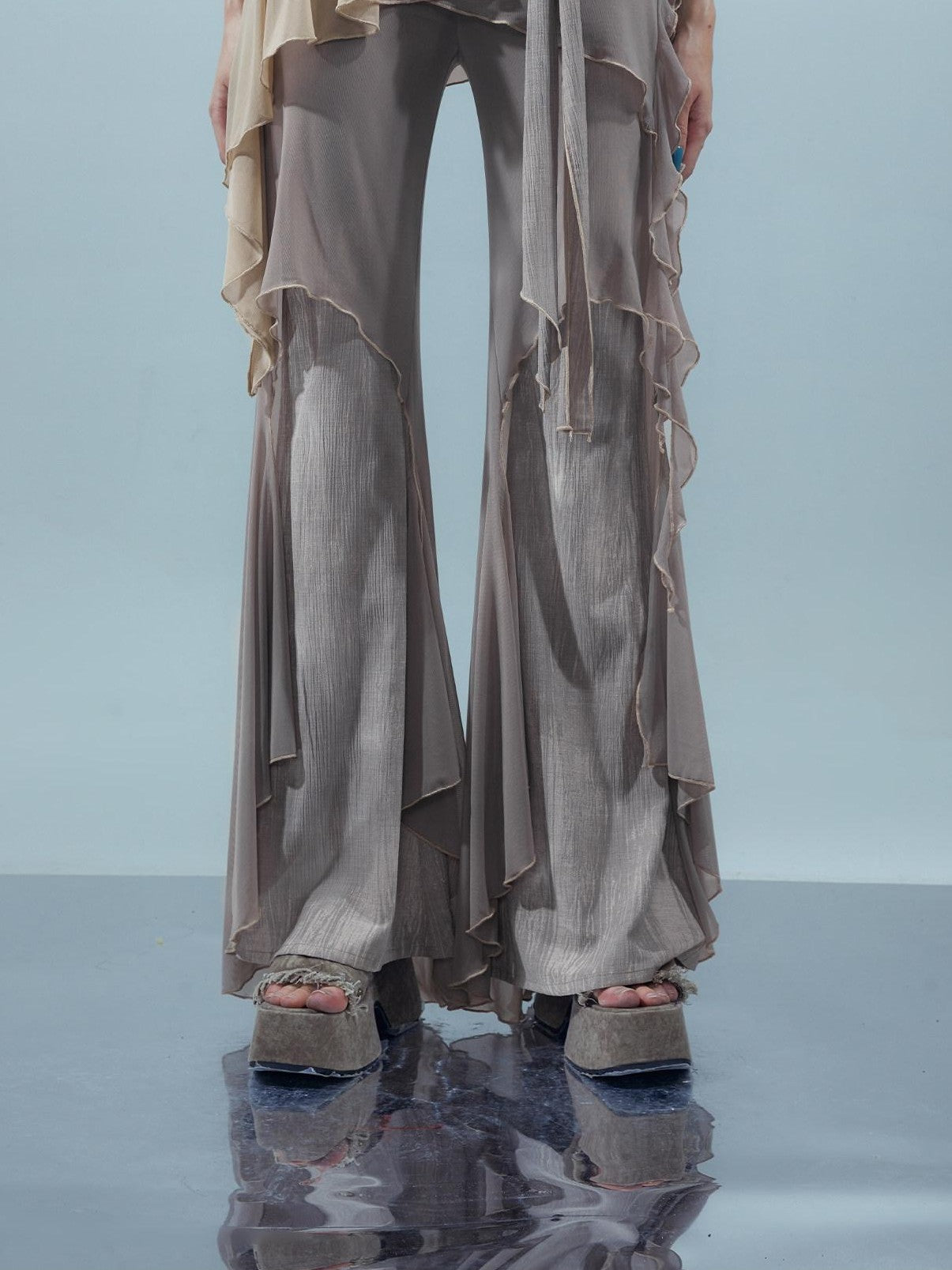 NORTH NODE Multi Fabric Patchwork Asymmetric Ruffle Lace Women&