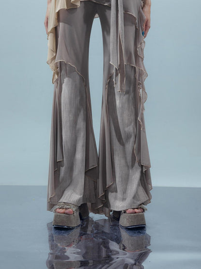 NORTH NODE Multi Fabric Patchwork Asymmetric Ruffle Lace Women&