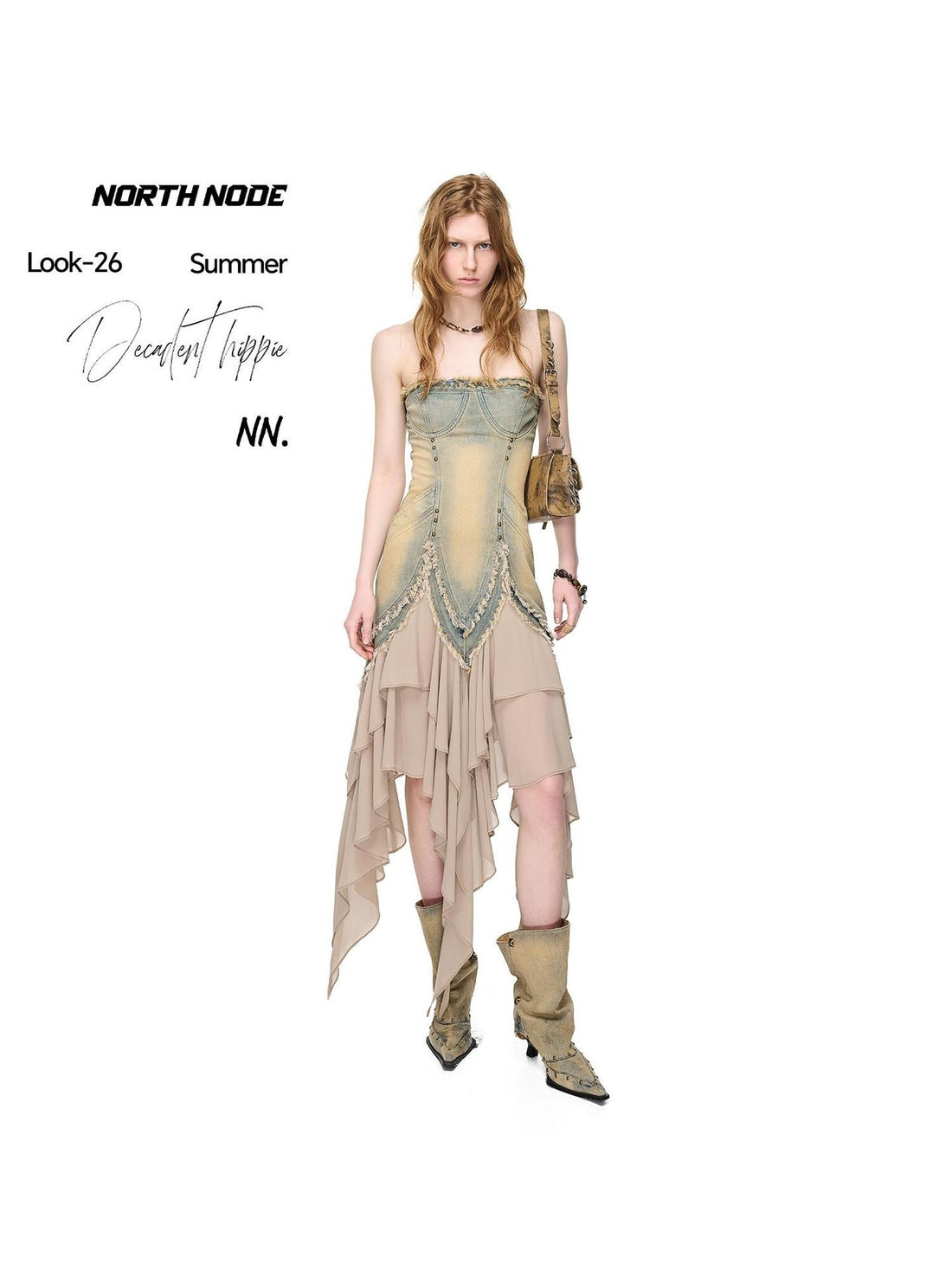 NORTH NODE Nomadic Ruffled Asymmetric Denim Patchwork Women&