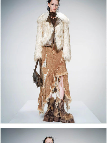 NORTH NODE Ombre Gradient Leather Patchwork Fuzzy Women&