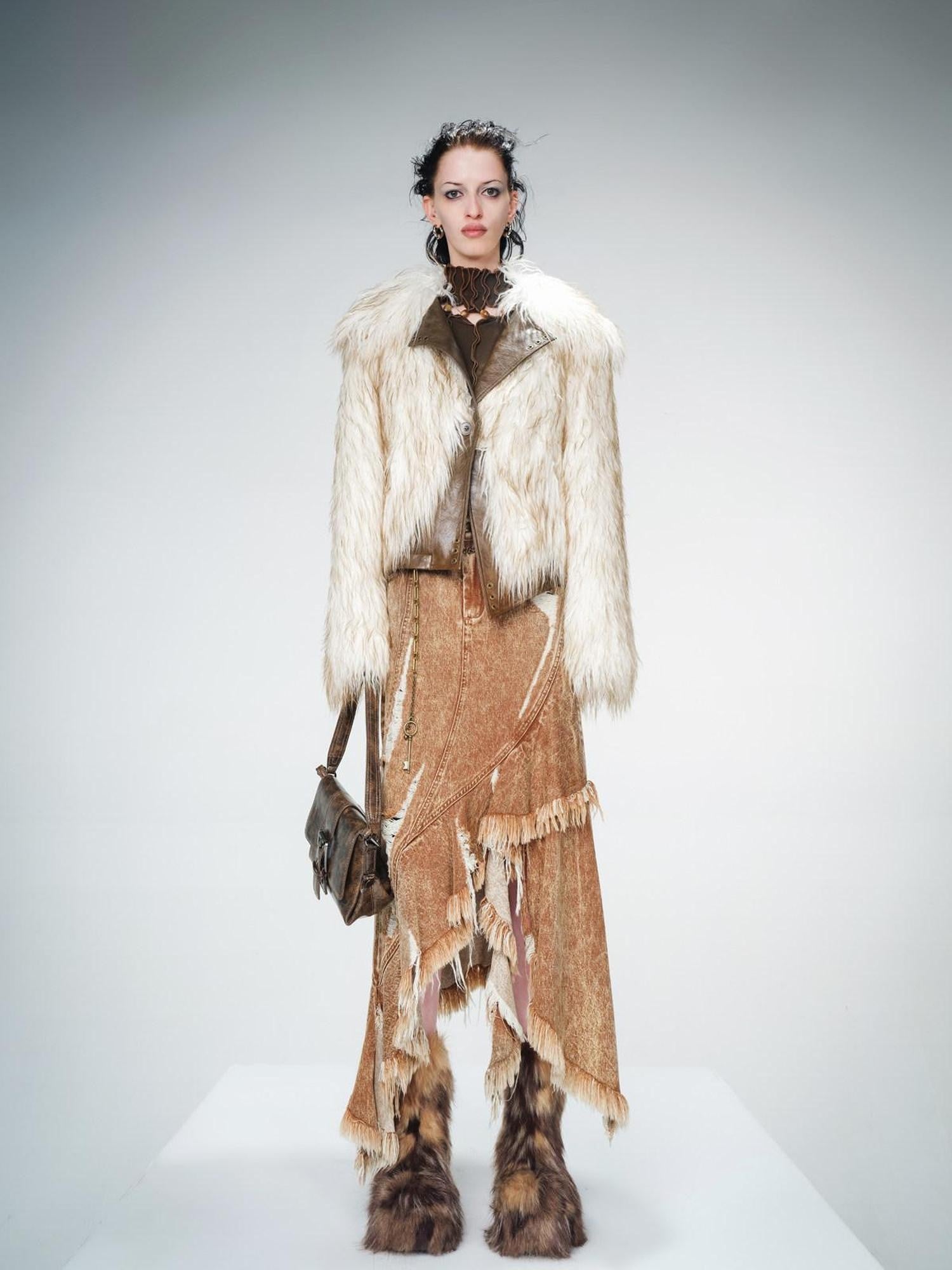 NORTH NODE Ombre Gradient Leather Patchwork Fuzzy Women&