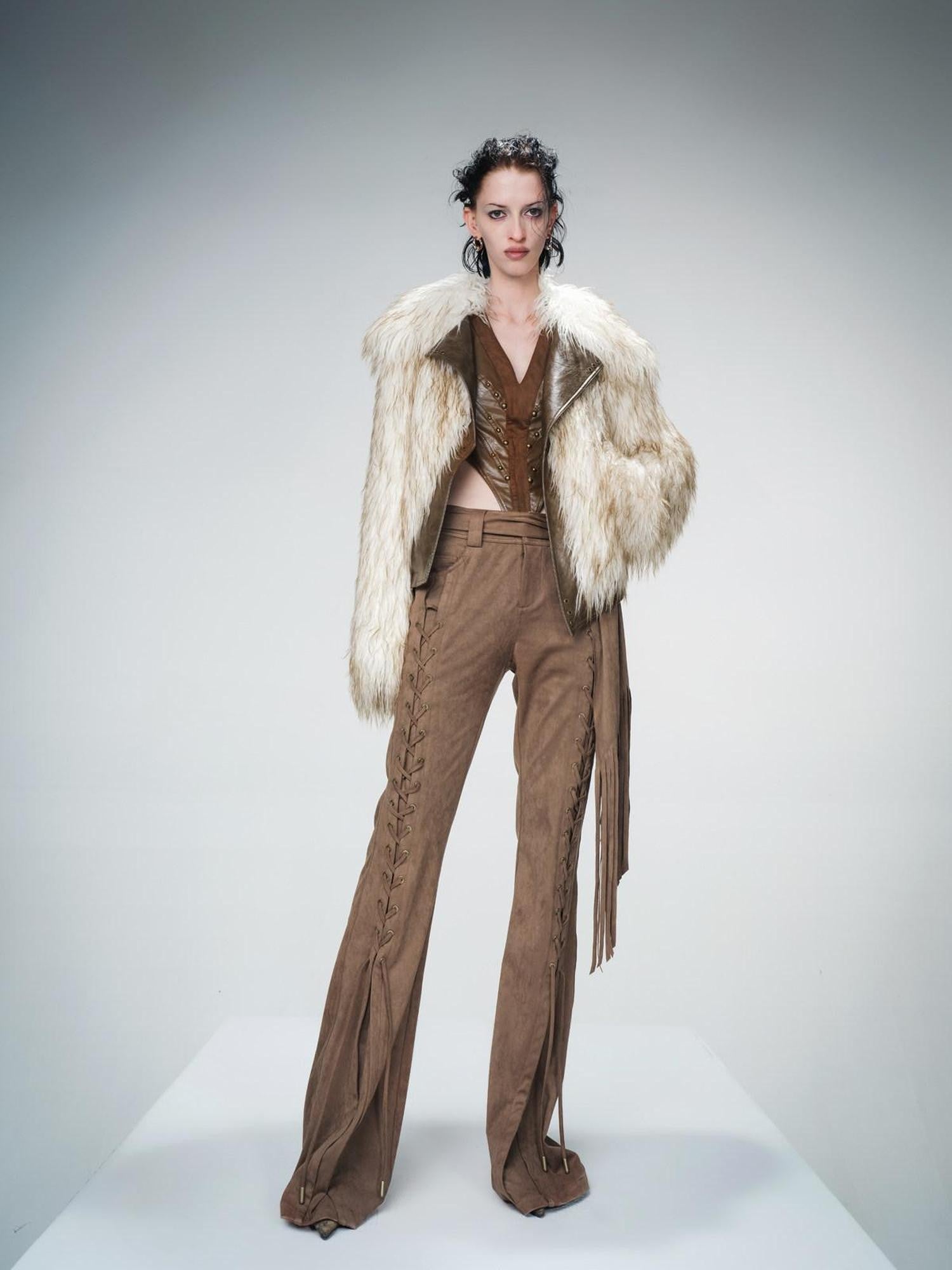 NORTH NODE Ombre Gradient Leather Patchwork Fuzzy Women&