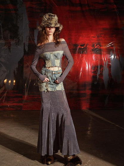 NORTH NODE One Shoulder Flocked Mesh Patchwork Women&