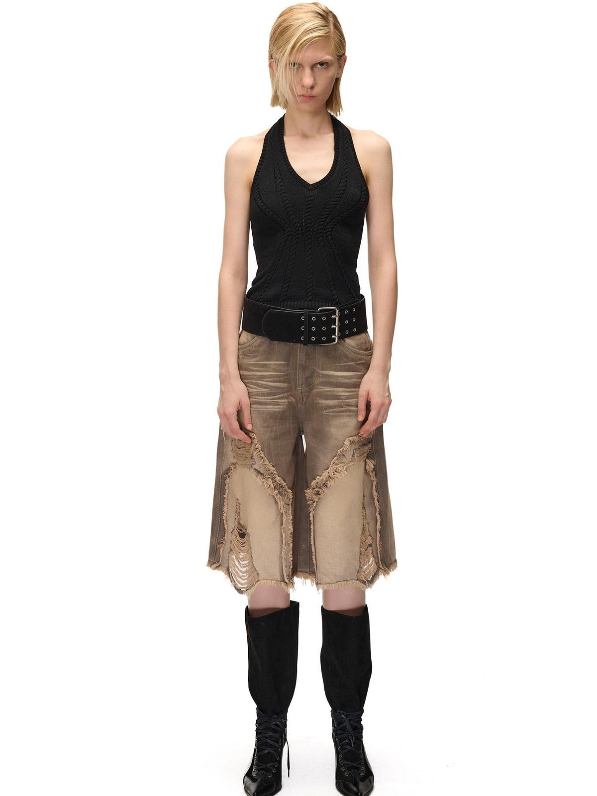NORTH NODE Open Back Solid Knit V-neck Women&