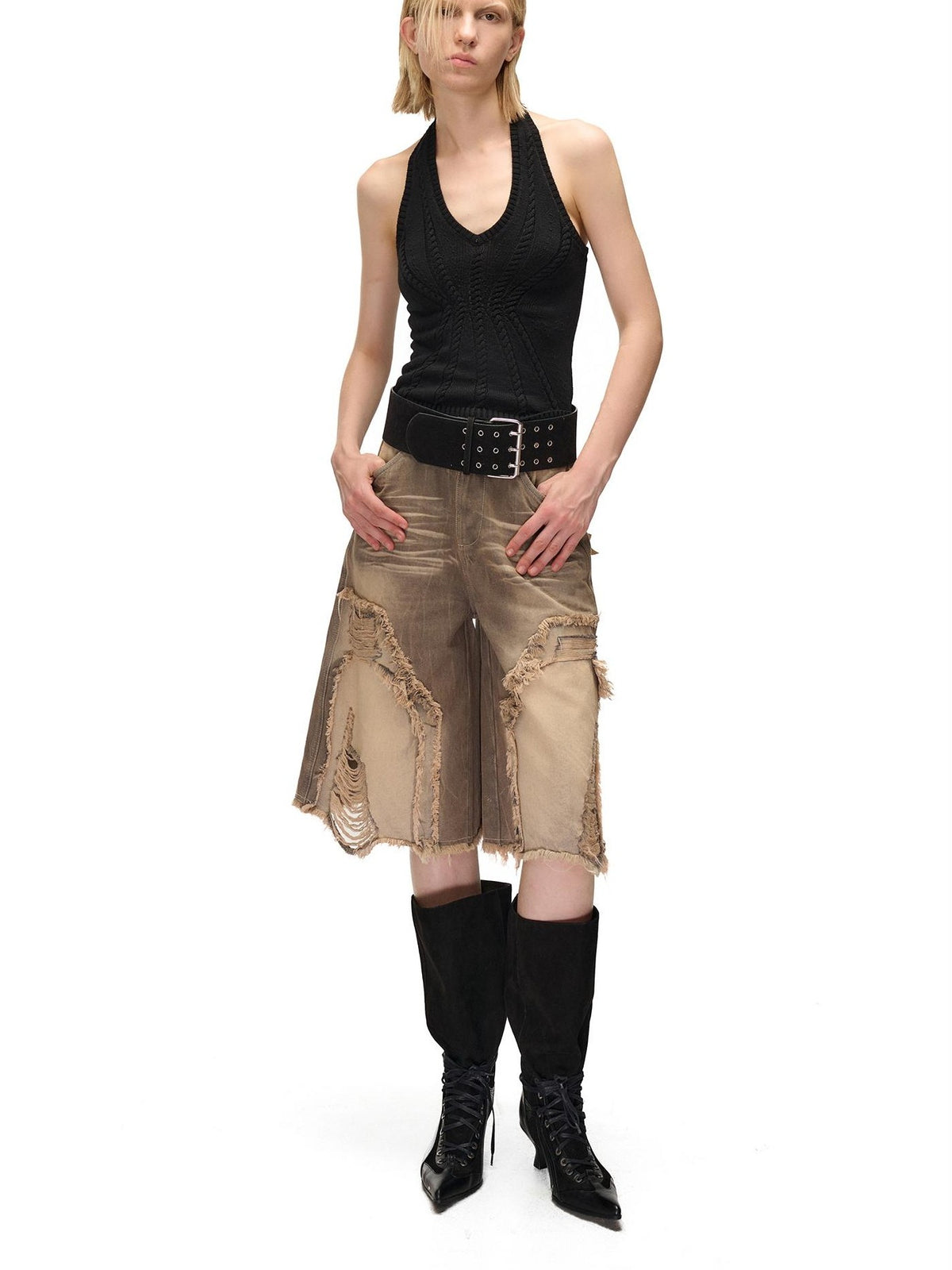 NORTH NODE Open Back Solid Knit V-neck Women&