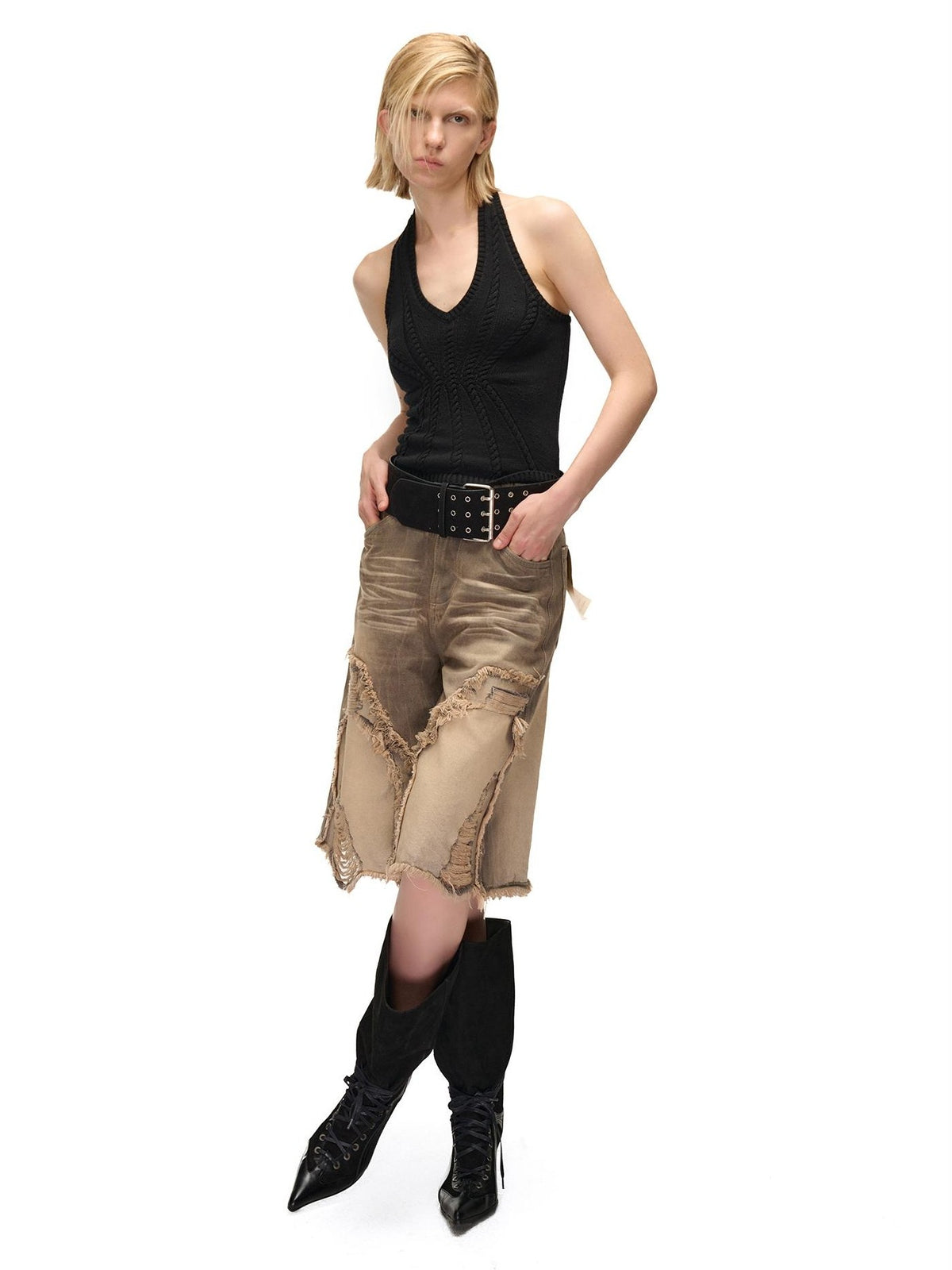 NORTH NODE Open Back Solid Knit V-neck Women&