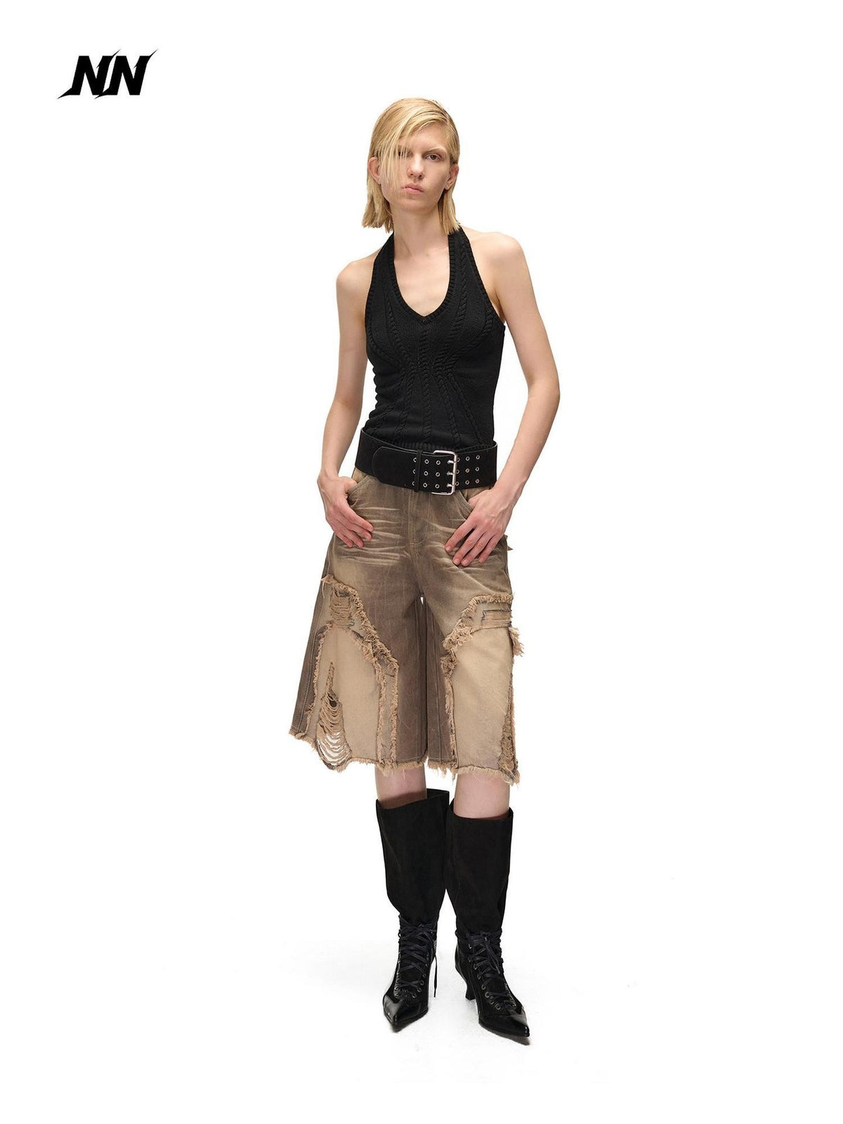 NORTH NODE Open Back Solid Knit V-neck Women&