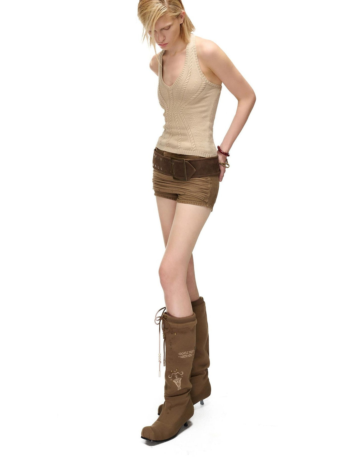 NORTH NODE Open Back Solid Knit V-neck Women&