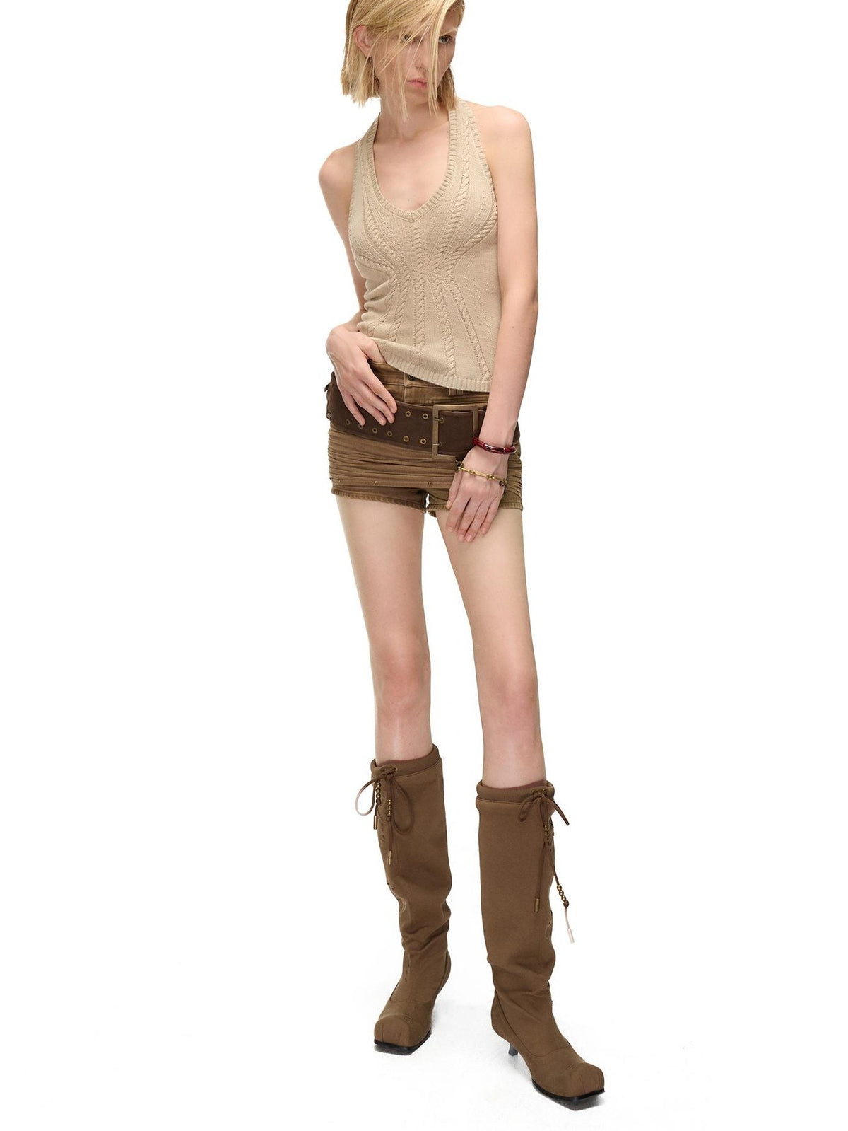 NORTH NODE Open Back Solid Knit V-neck Women&