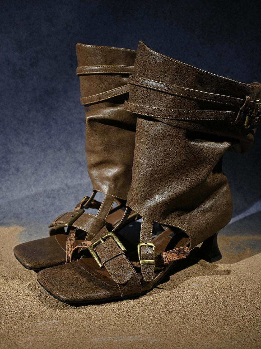 NORTH NODE Open Toe Ruched Cuff Slouchy Shaft High Heel Women&