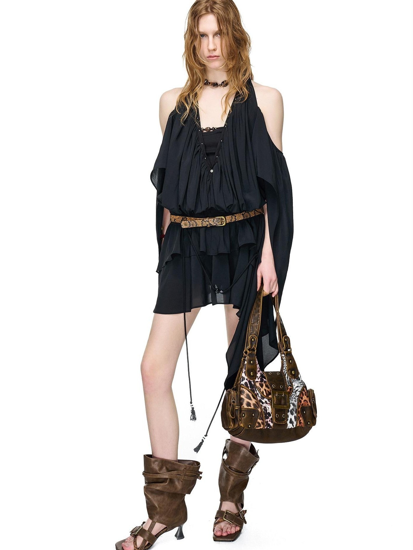 NORTH NODE Open Toe Ruched Cuff Slouchy Shaft High Heel Women&