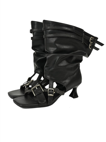 NORTH NODE Open Toe Ruched Cuff Slouchy Shaft High Heel Women&